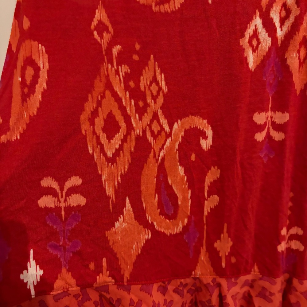 Free People Red Ikat Paisley Ruffle Hem Crisscross Back Modal Tank Top - Picture 3 of 5